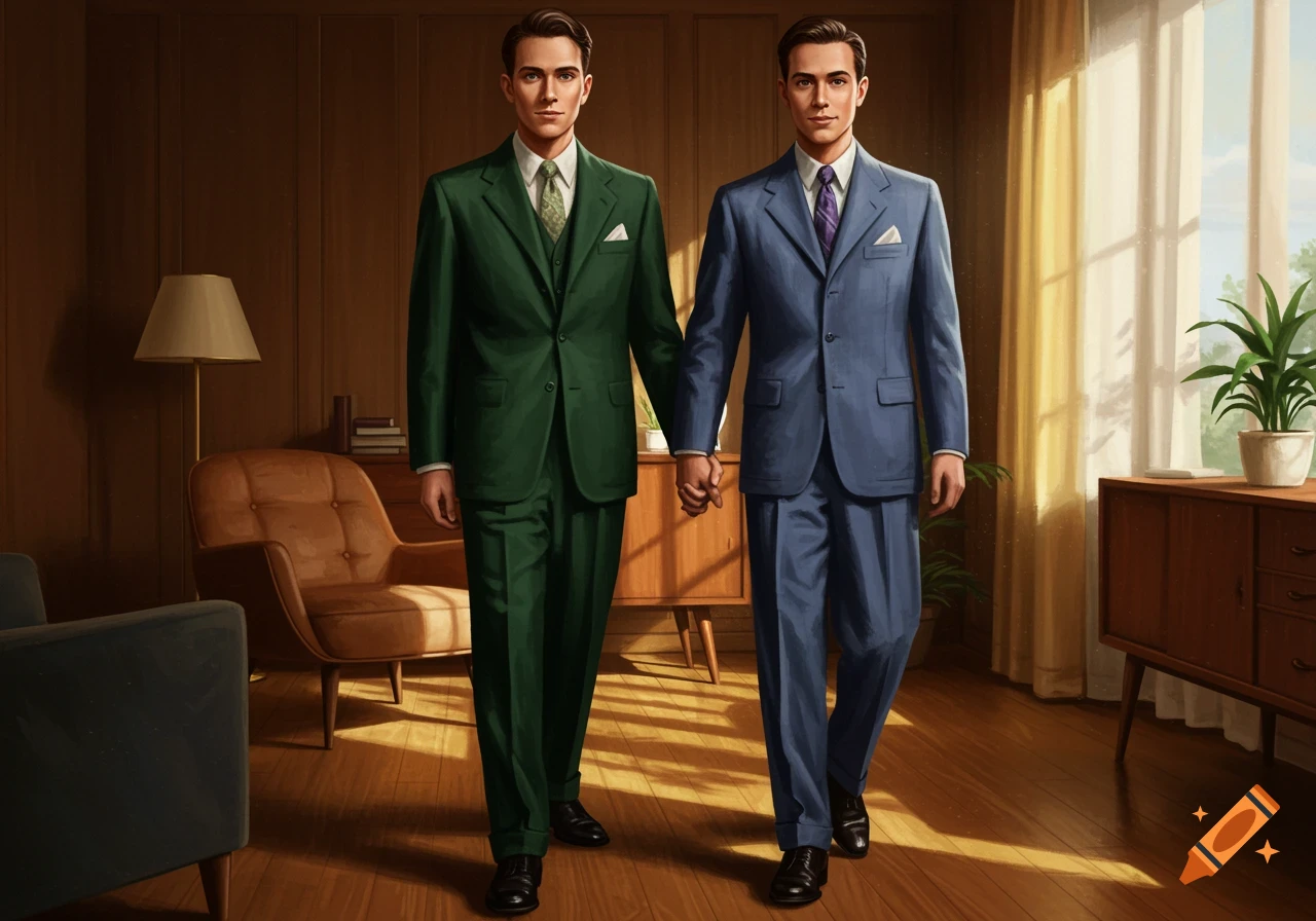 Two men in 1950s-style suits, one green and one blue, holding hands in a sunlit wooden room.