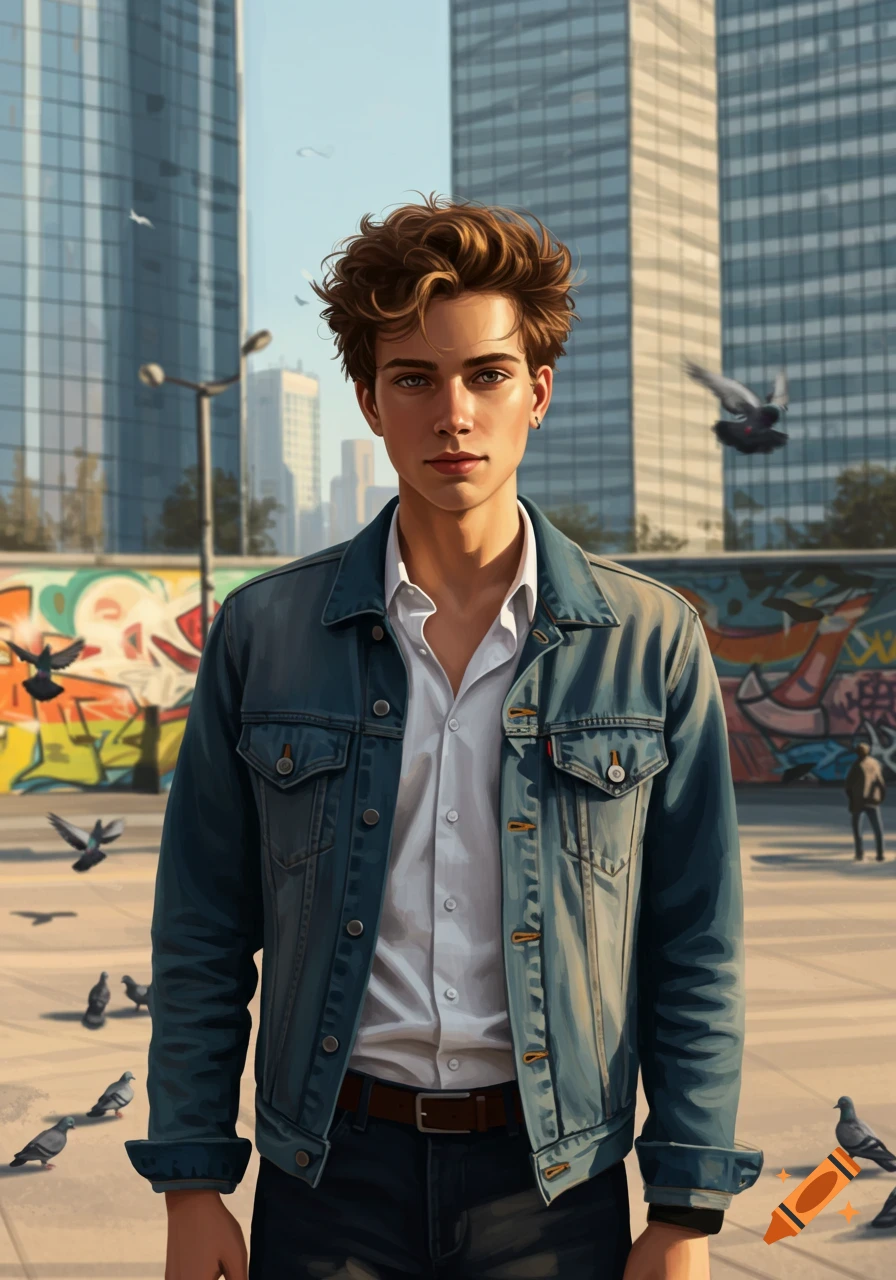 A young man with brown curly hair wearing a denim jacket and white shirt stands in a city square with graffiti and pigeons and tall buildings in the background.