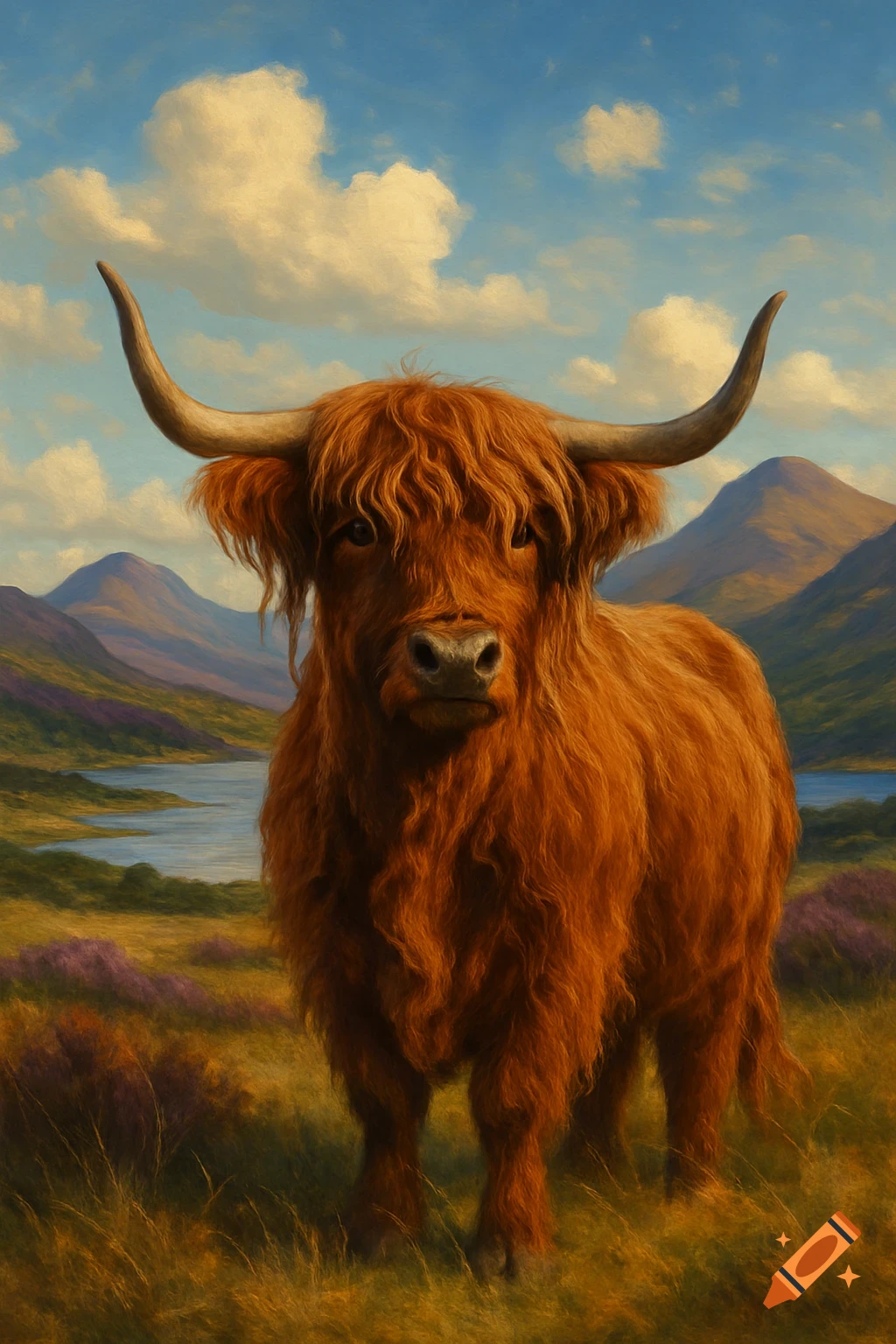 A shaggy brown Highland cow stands in a field of green and purple grass, with a lake and mountains under a blue sky, in a painting style.