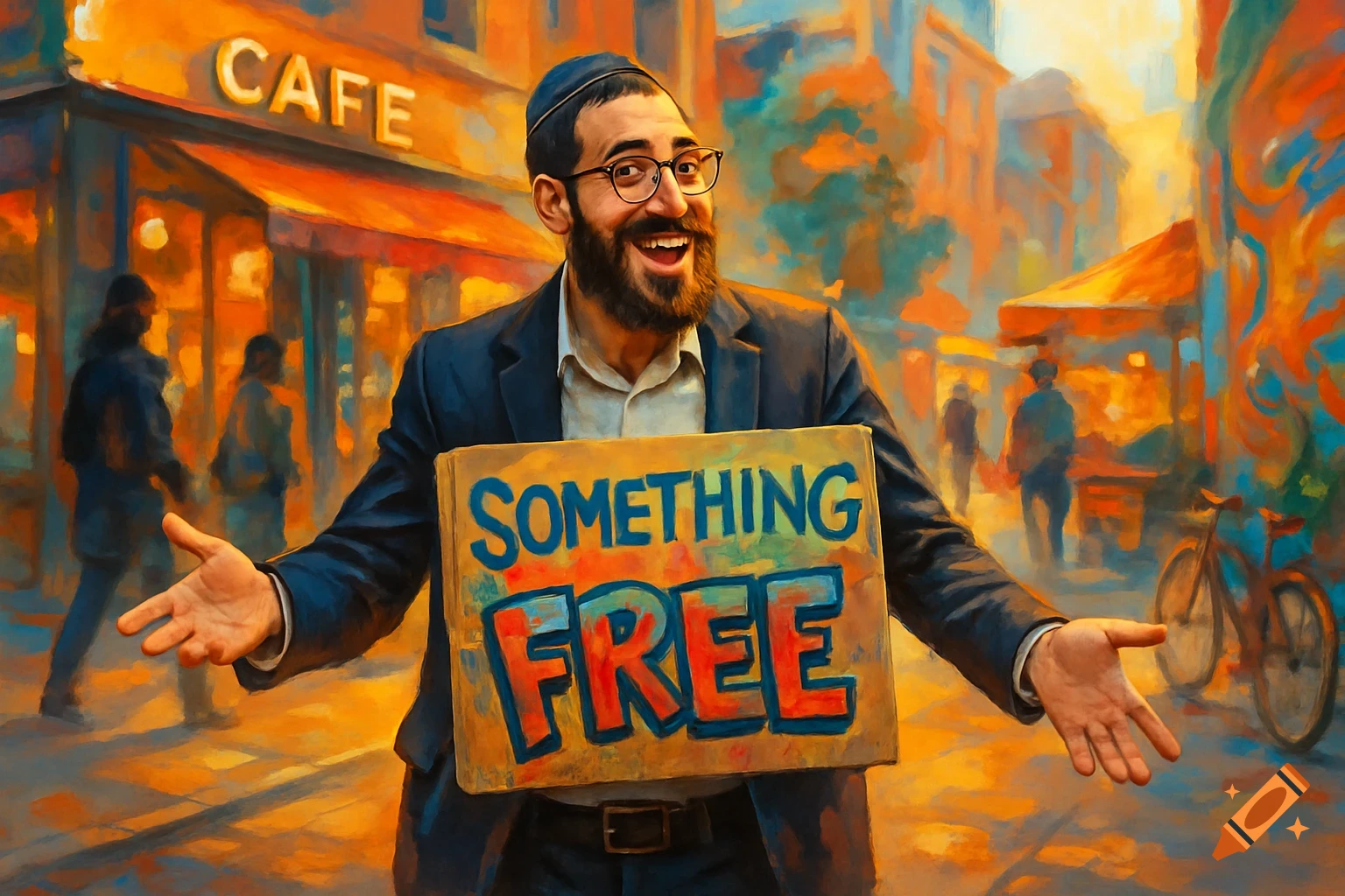 A smiling, bearded man in glasses and a kippah stands in a colorful, painterly street scene, holding a sign that reads "SOMETHING FREE".