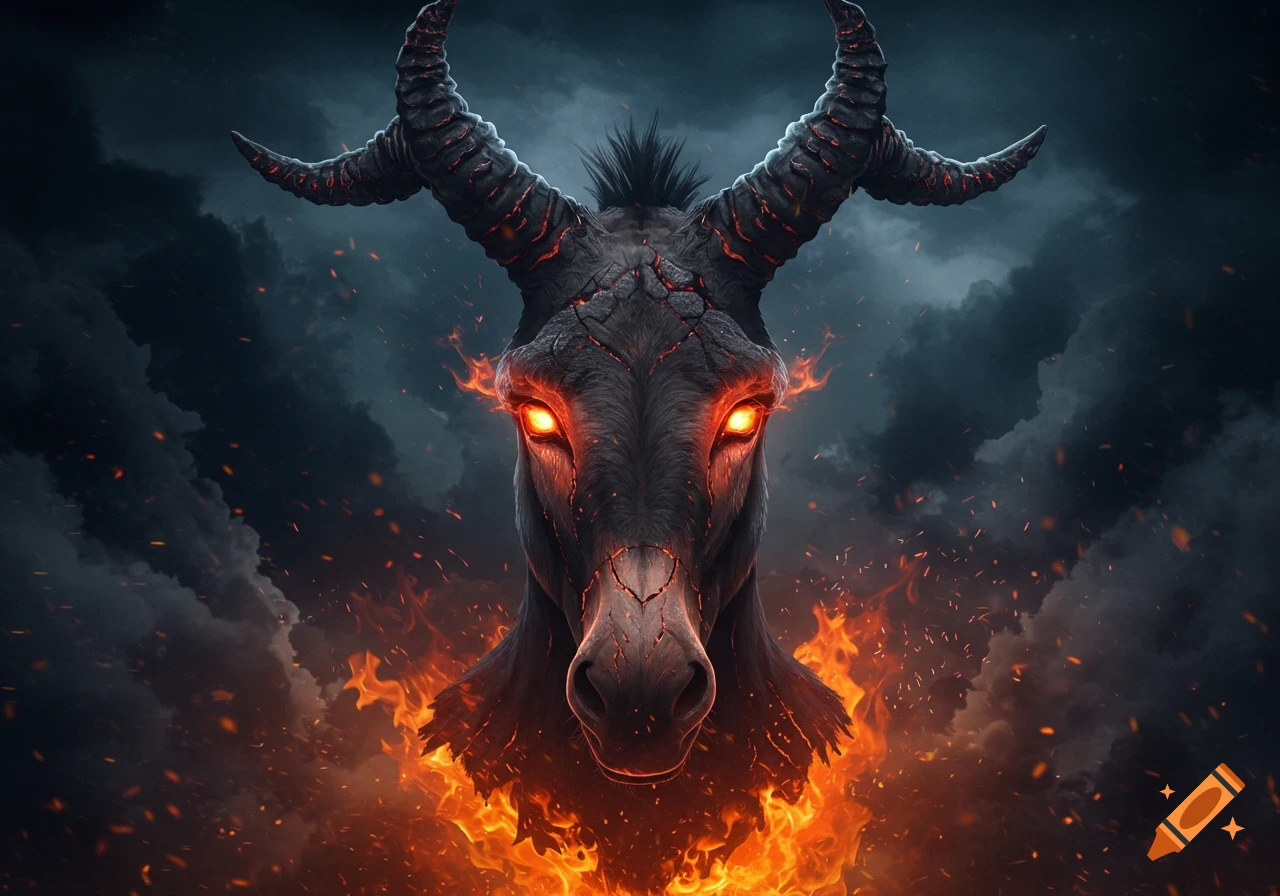 A dark, horned donkey-headed demon with glowing red eyes, fiery cracked skin, and surrounded by flames against a stormy sky.