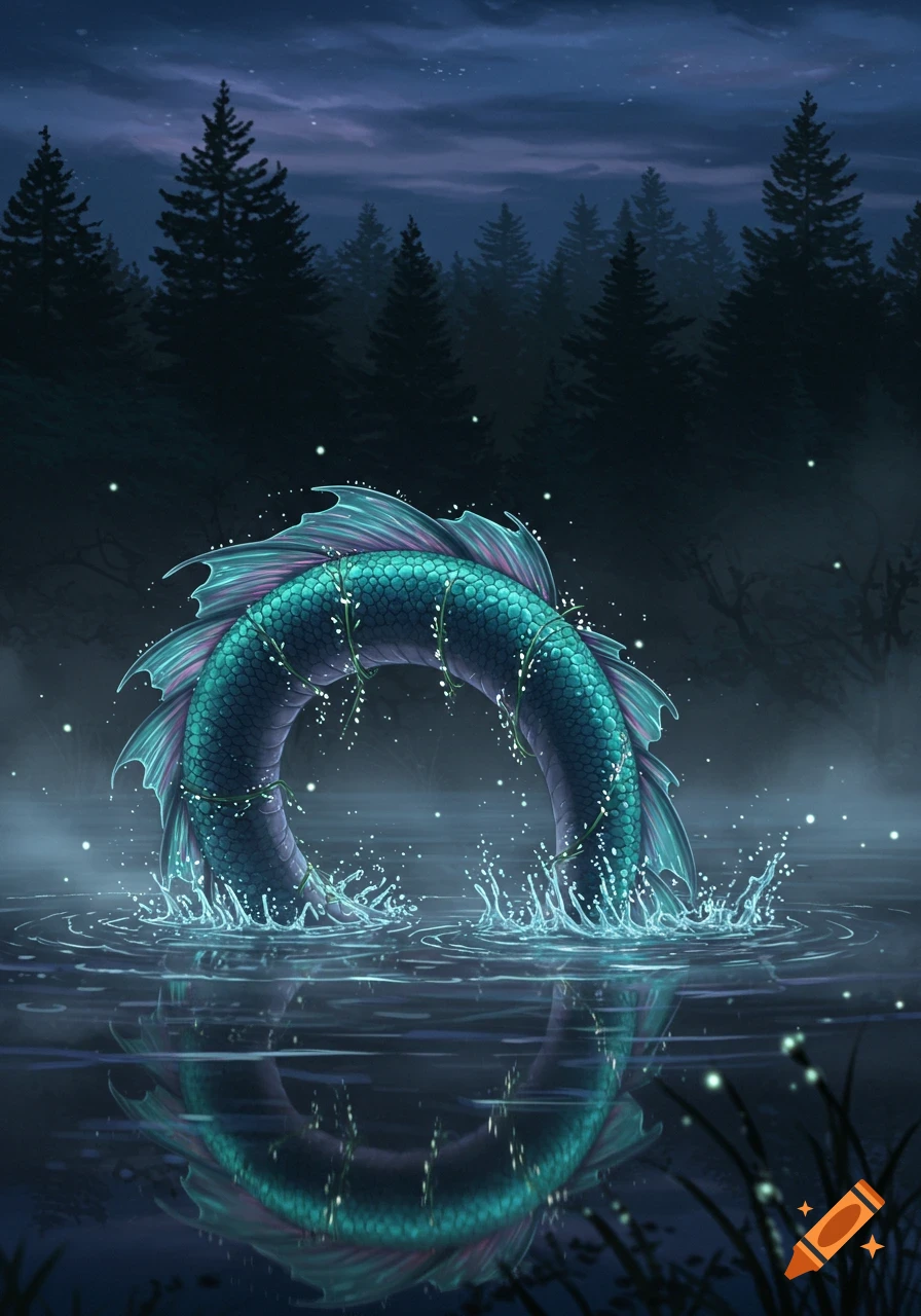 A mystical turquoise and purple scaled water serpent arches out of a misty lake at night, with glowing elements and dark forest trees.
