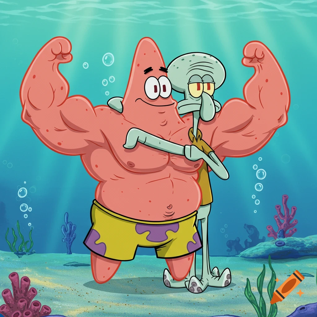 Muscular Patrick Star hugs Squidward underwater in a cartoon style.