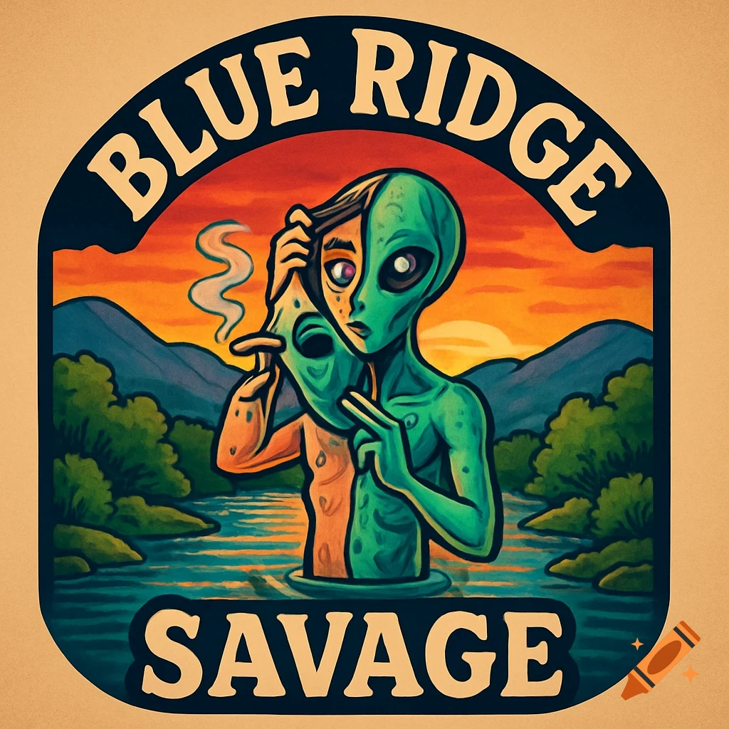 Cartoon logo of an alien peeling off human skin while smoking, standing in a river with mountains at sunset, text "BLUE RIDGE SAVAGE".