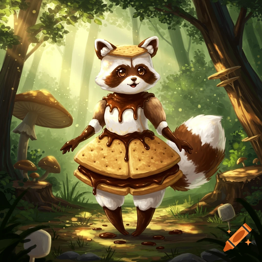 A cute cartoon s'mores raccoon creature with white fur and chocolate syrup stands in a sunlit fantasy forest.