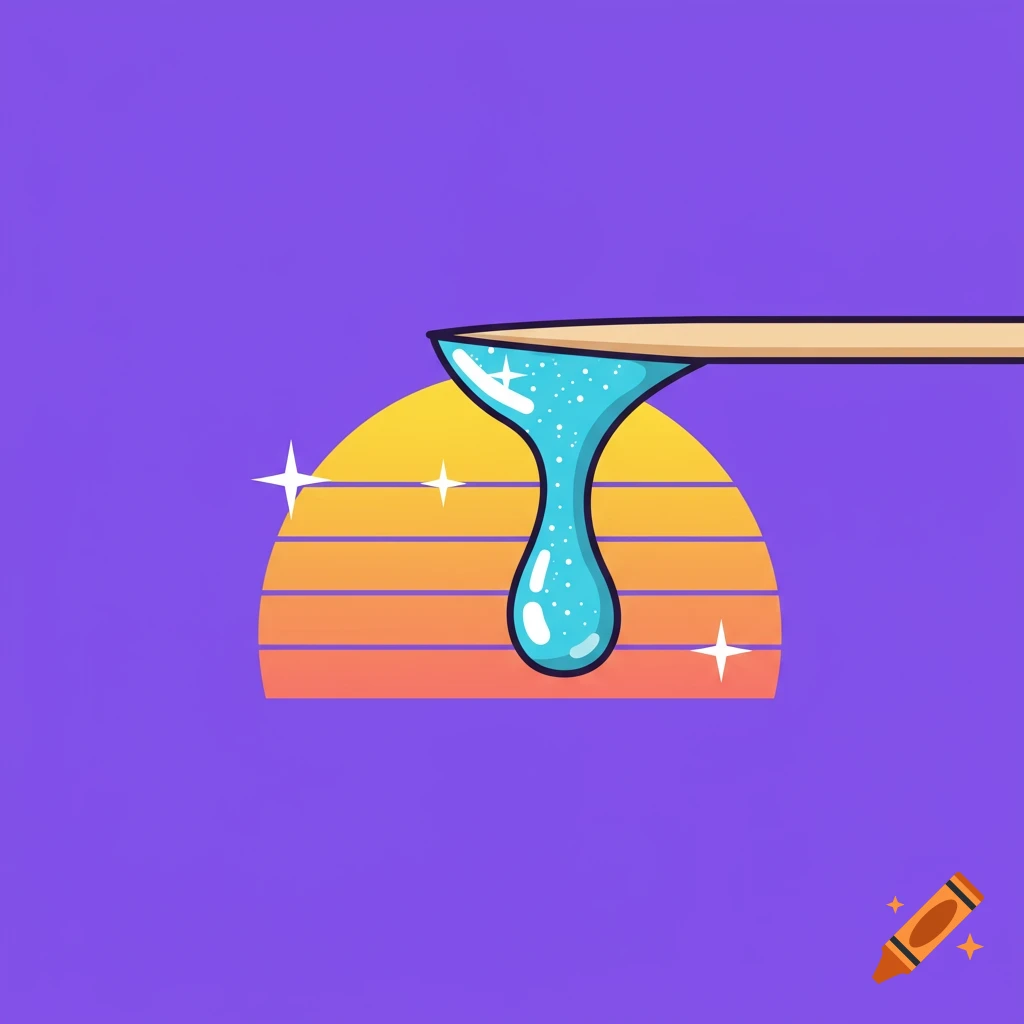 A blue sparkling resin droplet drips from a wooden toothpick against a striped orange sunset on a purple background.