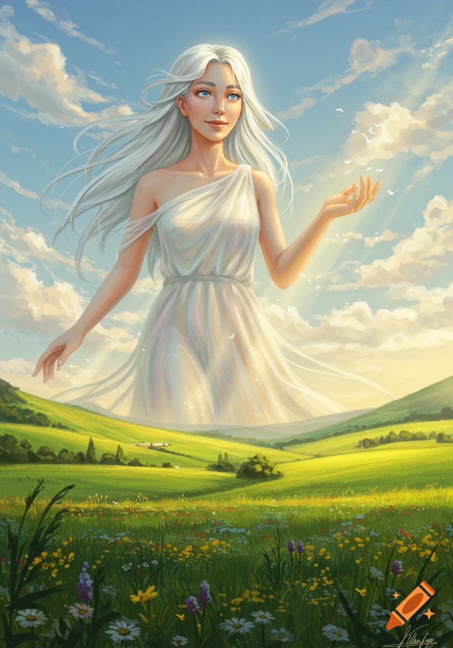 A majestic giant woman with long white hair in a white dress hovers over a vibrant green meadow with flowers under a bright sky.