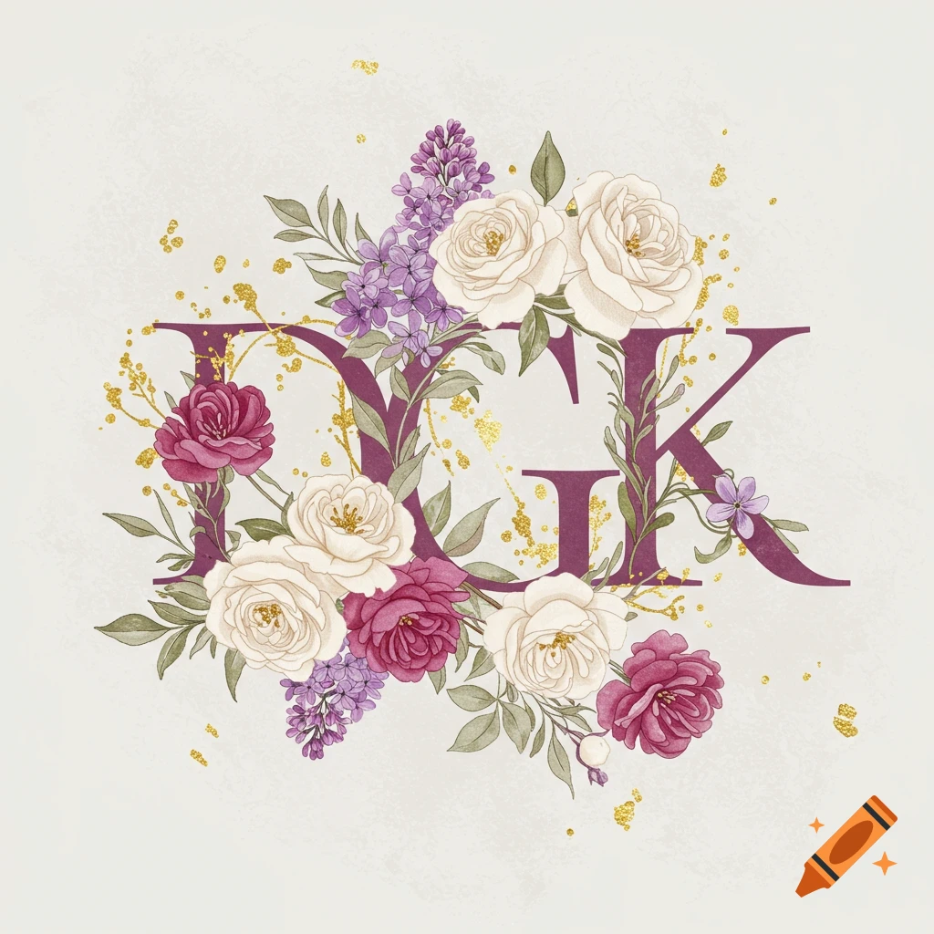 Watercolor illustration of a DGK monogram decorated with white, purple, and magenta flowers, green leaves, and gold glitter.