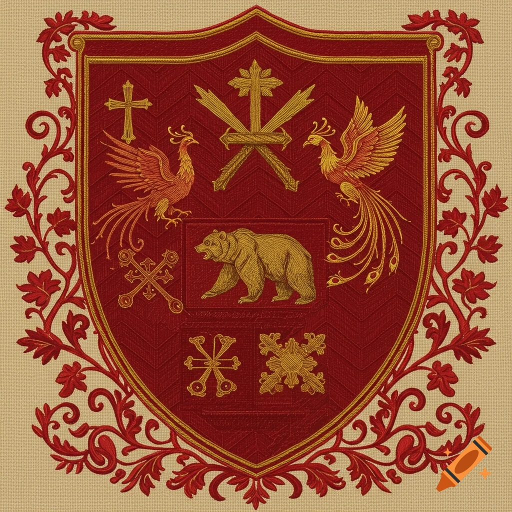 Red shield with gold embroidery, featuring two phoenixes, a bear, crosses, and vines, against a tan background.
