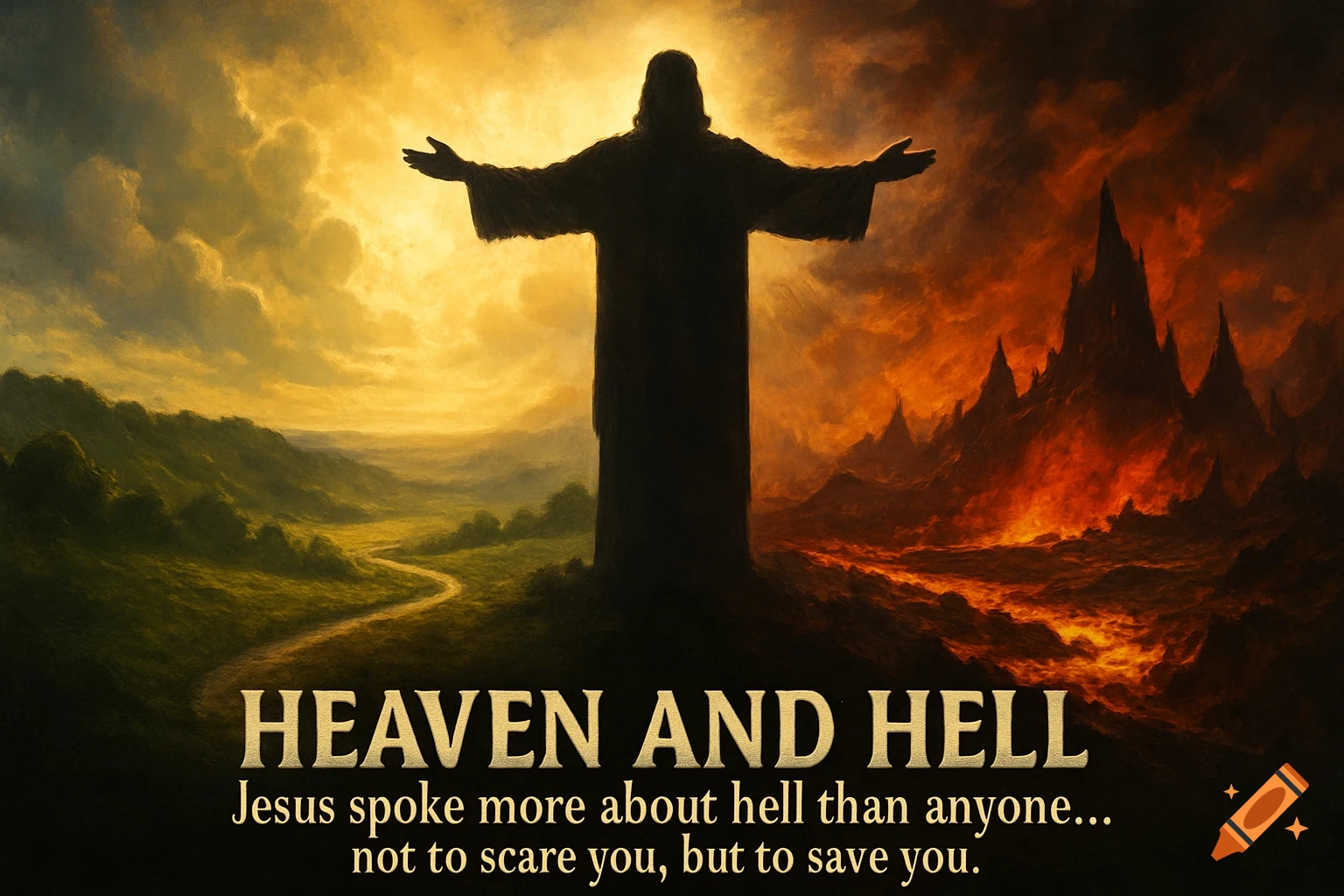 A silhouetted figure of Jesus stands between a golden, green heavenly landscape and a fiery, jagged hellish landscape. Text reads 'HEAVEN AND HELL'.
