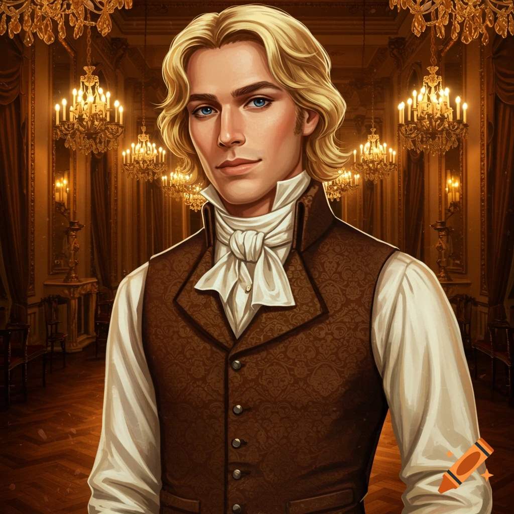 An illustrated portrait of a blonde man from the 19th century in a brown waistcoat and white cravat, in a grand hall.