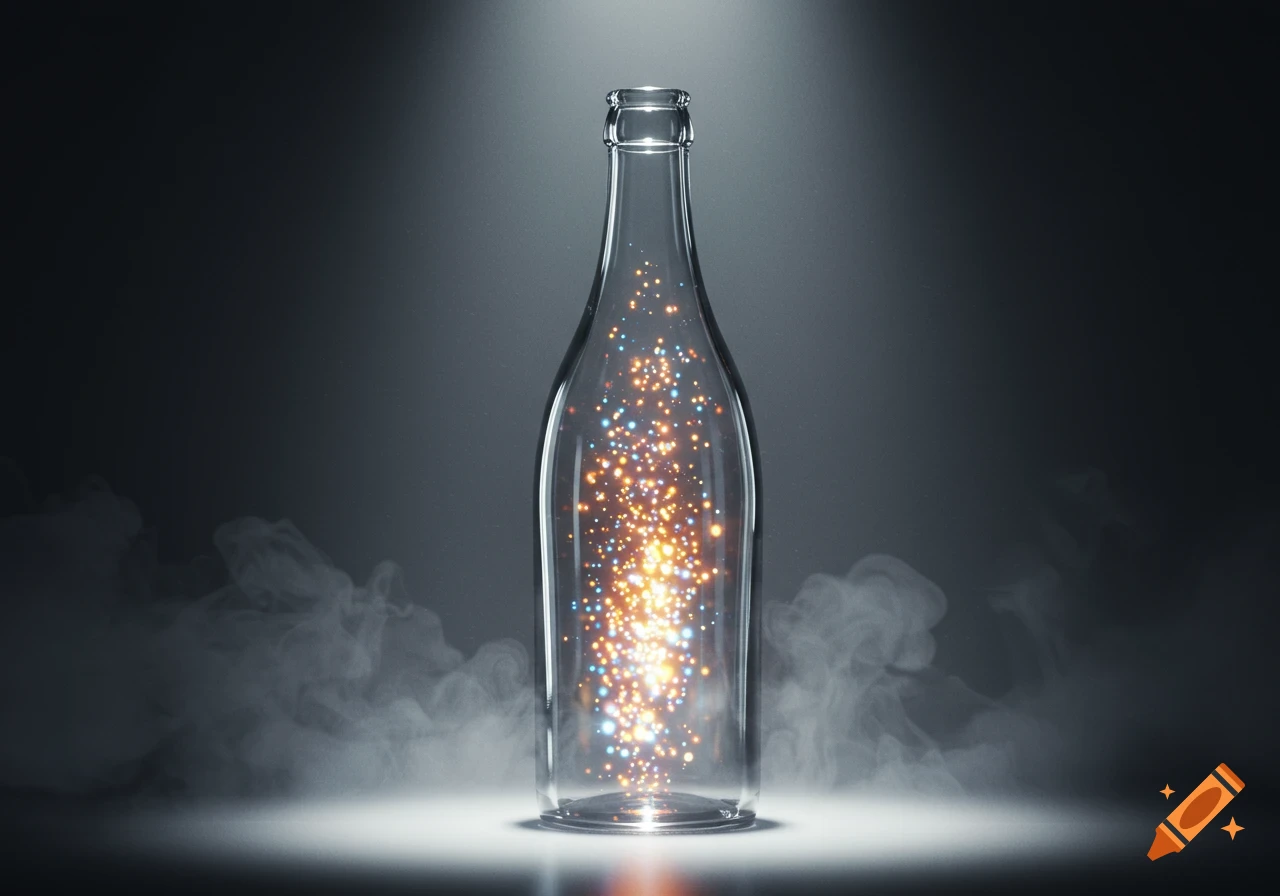 A clear glass bottle filled with glowing orange and blue particles, illuminated by a spotlight on a dark background with smoke around its base.