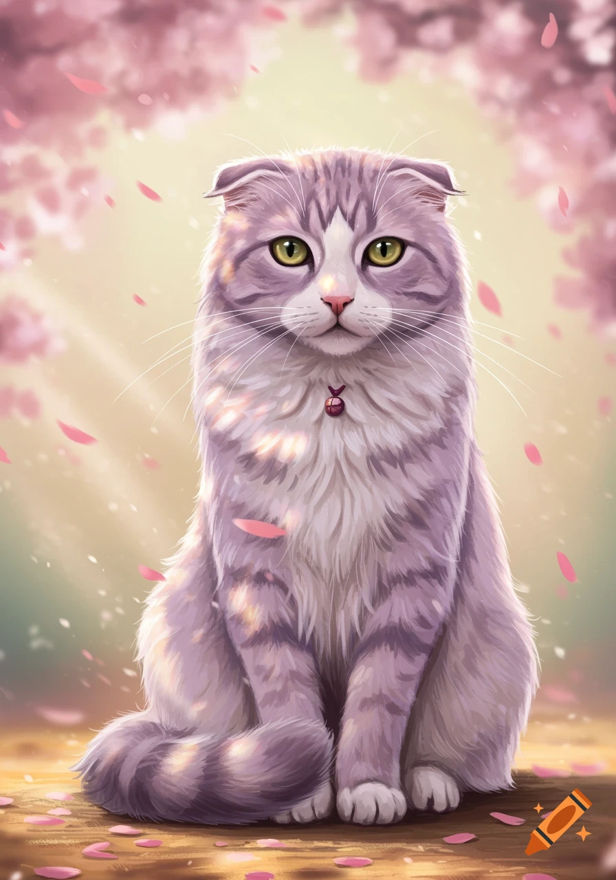 A purple and white Scottish Fold cat with folded ears sits among falling pink cherry blossom petals in a soft, illustrative style.
