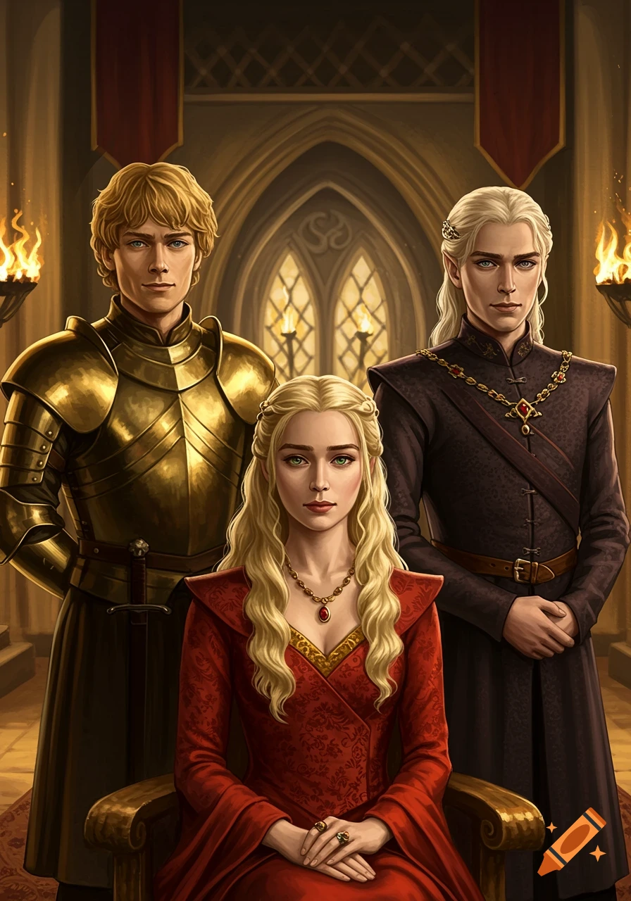Digital painting of three fantasy characters: a blonde woman in red seated, a blonde man in golden armor standing behind her, and a silver-haired man in dark robes standing to her right.