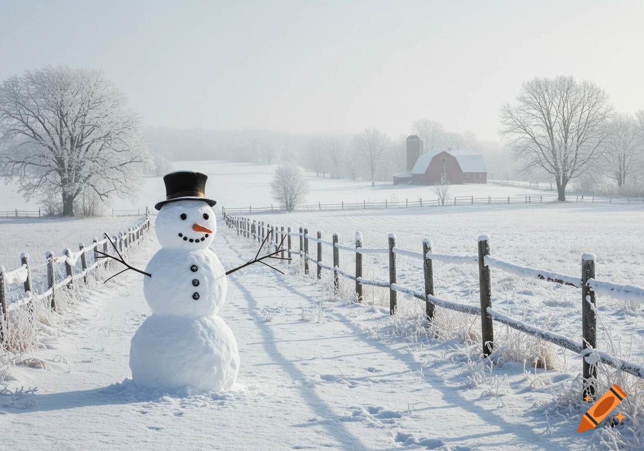 A cheerful snowman stands in a snow-covered field with a wooden fence, frost-dusted trees, and a red barn in the background on a bright winter day.