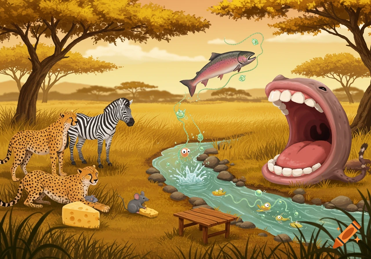 A cartoon savanna scene with two cheetahs, a zebra, and mice near cheese. A salmon and green creatures float above a river next to a large, open-mouthed creature and a wooden table.