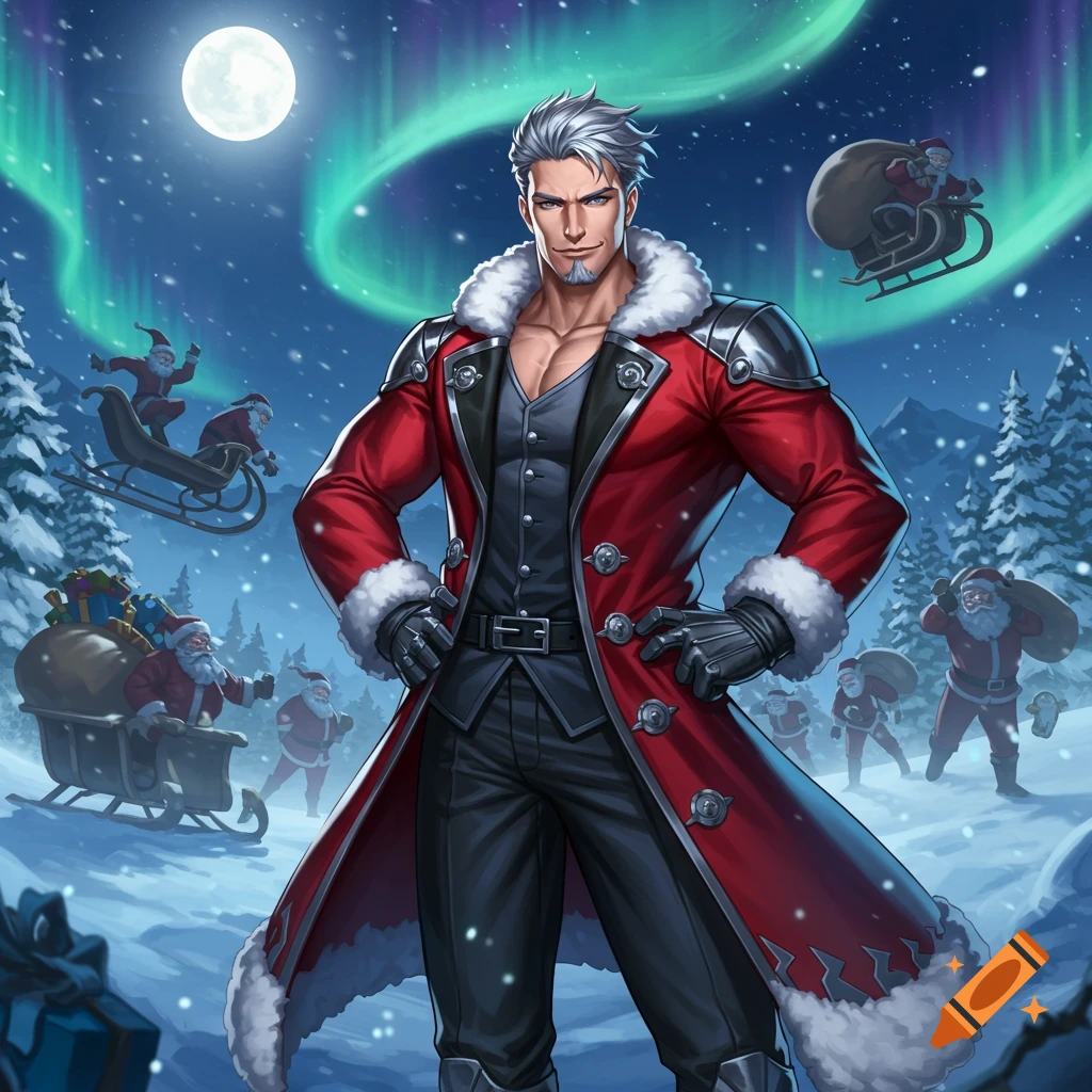 A muscular Santa Claus character in a red coat stands in a snowy night with a full moon and aurora, surrounded by other Santas and sleighs.
