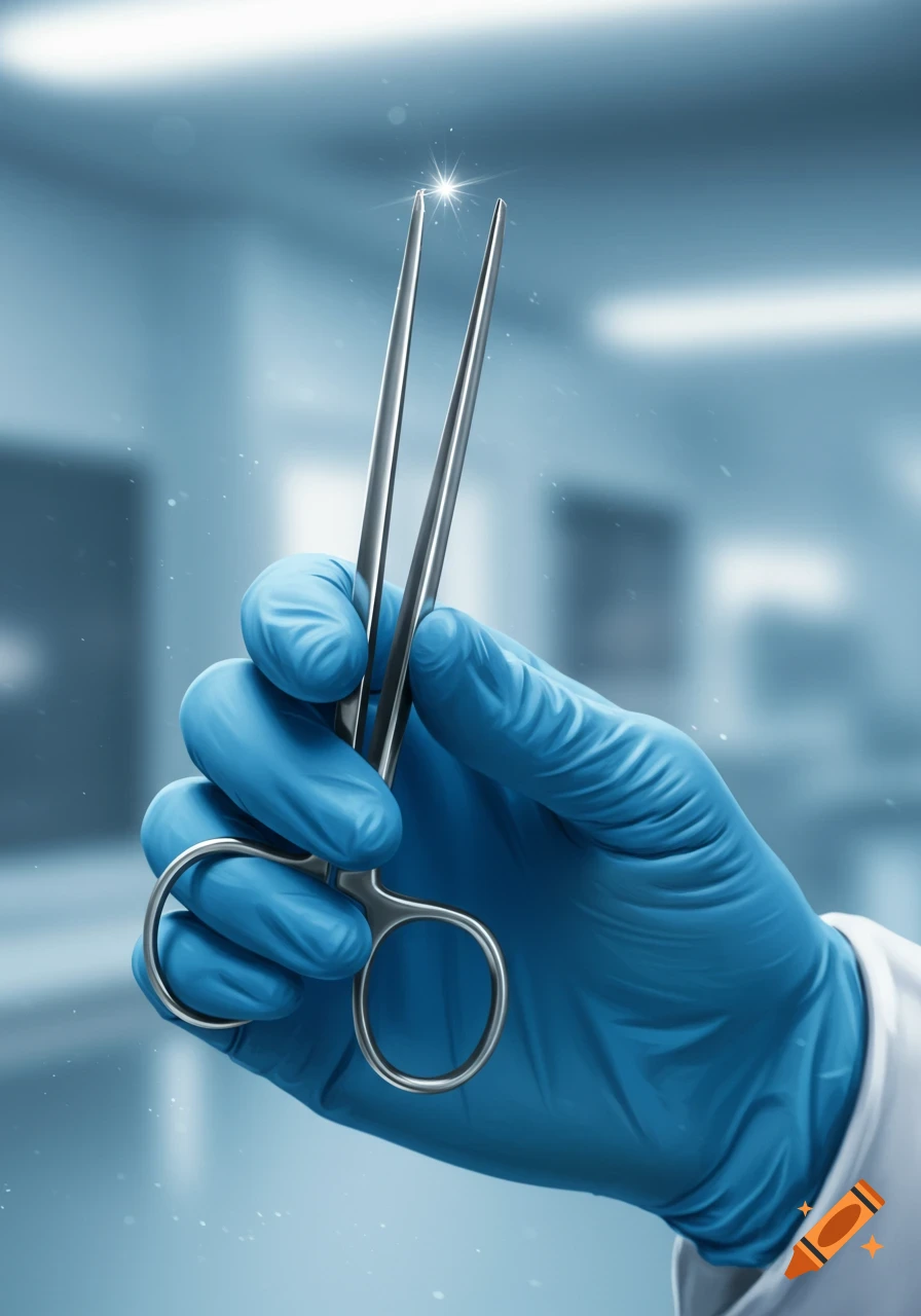 A close-up photorealistic image of a hand in a blue surgical glove holding shiny metal surgical tweezers.