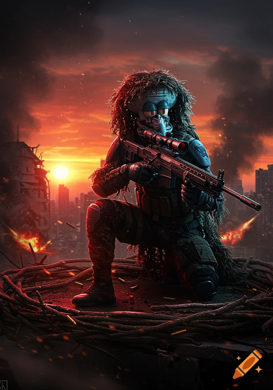 Hyper-realistic Squidward Tentacles as an elite sniper in a ruined city at sunset, aiming a futuristic rifle.