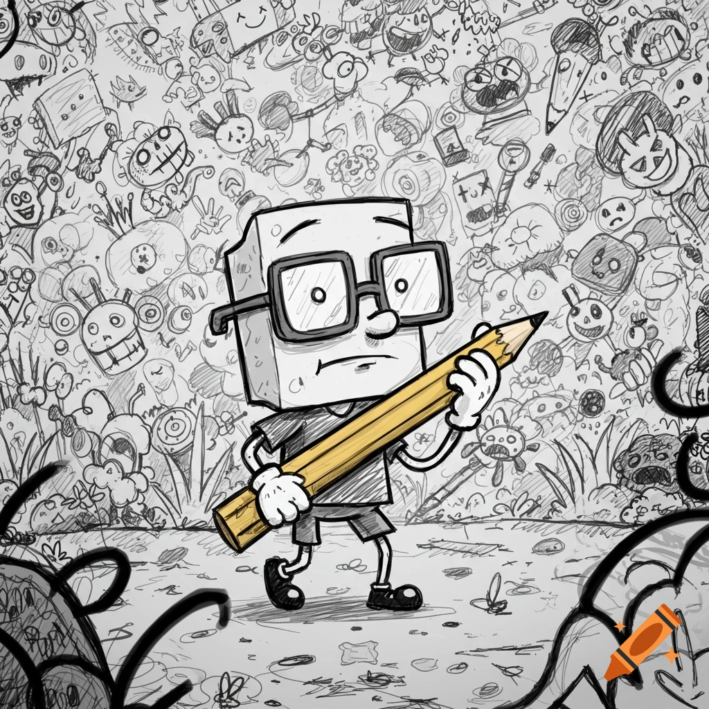 A square-headed cartoon character with glasses walks and holds a large yellow pencil against a background of busy black and white doodles.