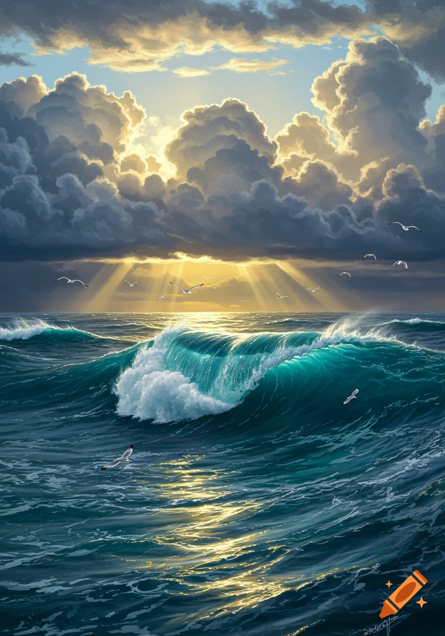 Large blue and green ocean waves crest under a dramatic sky with sunrays breaking through dark, stormy clouds, with seagulls.