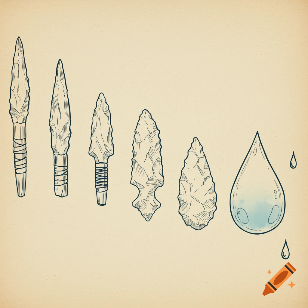 A series of stone projectile points drawn in line art style, progressively morphing into a large raindrop with smaller drops.