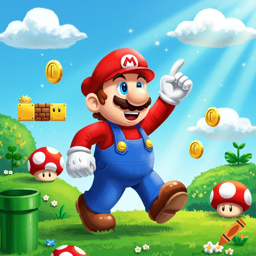 Cartoon illustration of Mario walking through a bright Super Mario-themed landscape, pointing upwards. Features clouds, coins, pipes, and mushrooms.