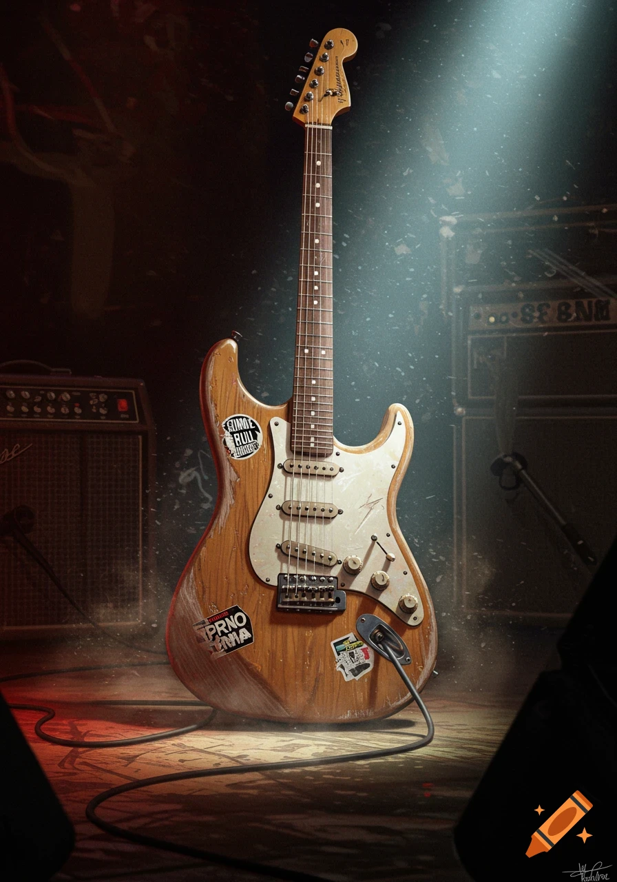 A close-up, photorealistic image of a worn, wooden electric guitar with stickers on a stage, lit by spotlights.