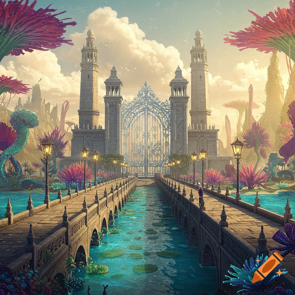 A fancy stone bridge leads to an elaborate silver gate with three tall towers and vibrant alien-like plants in a fantasy landscape.