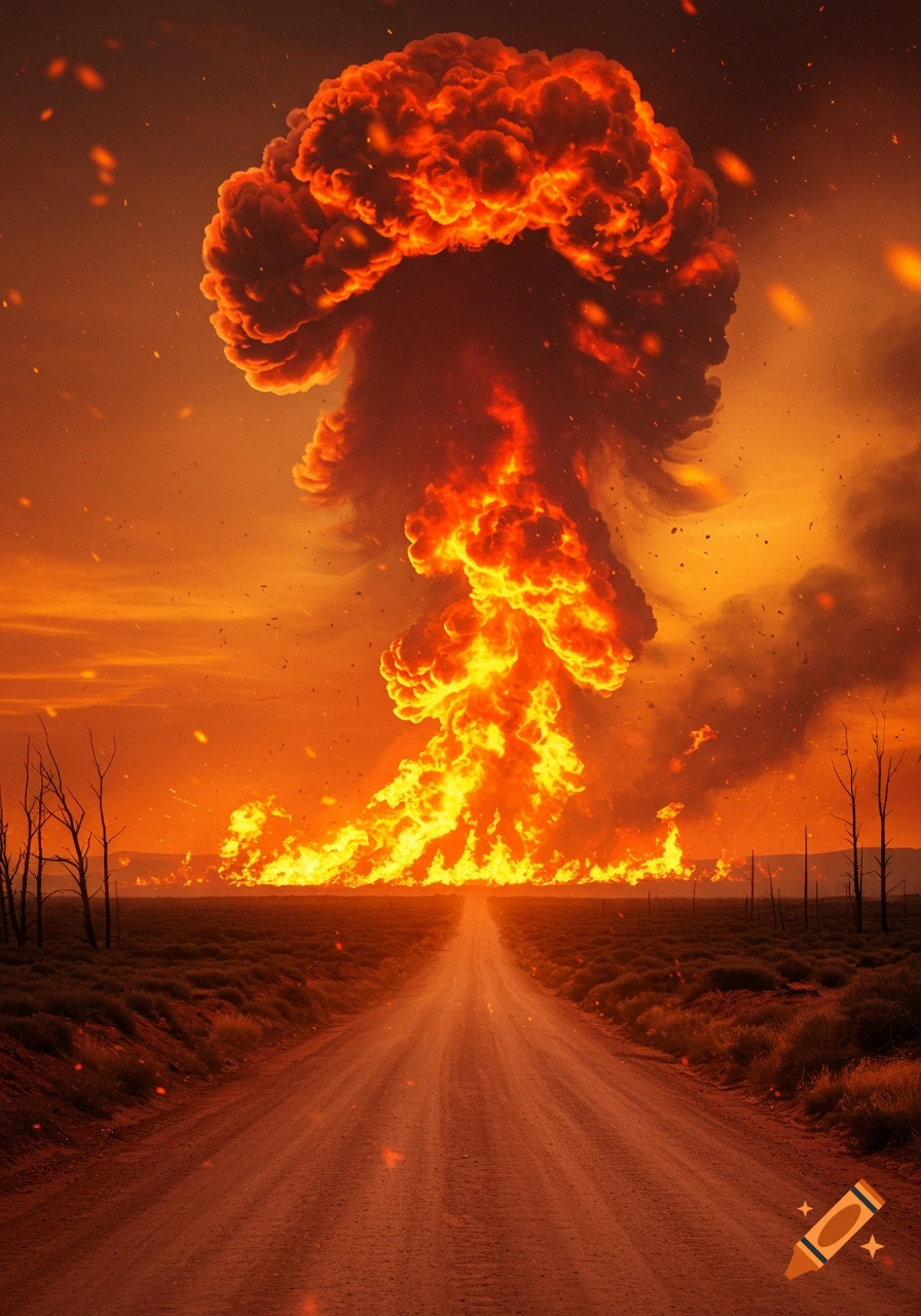 A dirt road leading towards a massive mushroom cloud of fire and smoke from a large explosion or wildfire, under an orange sky.