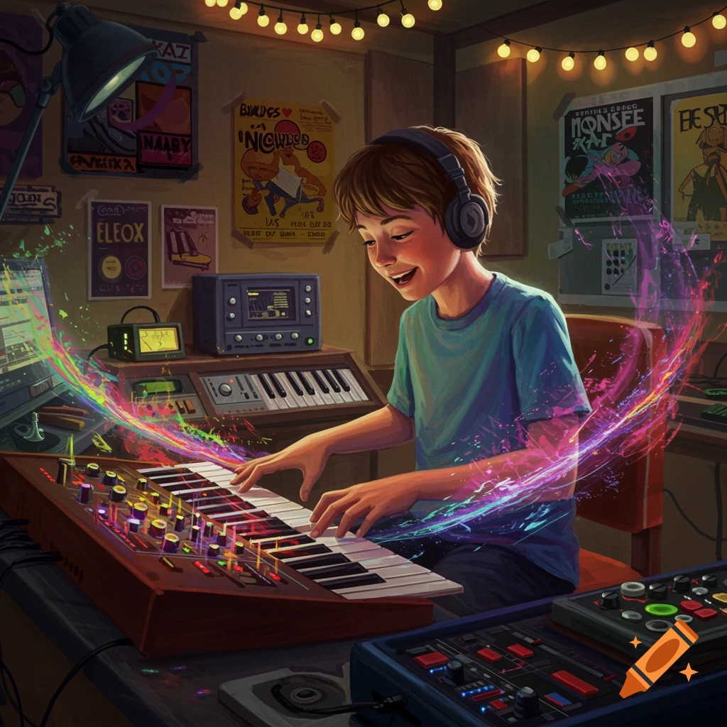 A young boy with headphones playing a synthesizer in a music studio, surrounded by colorful musical energy.