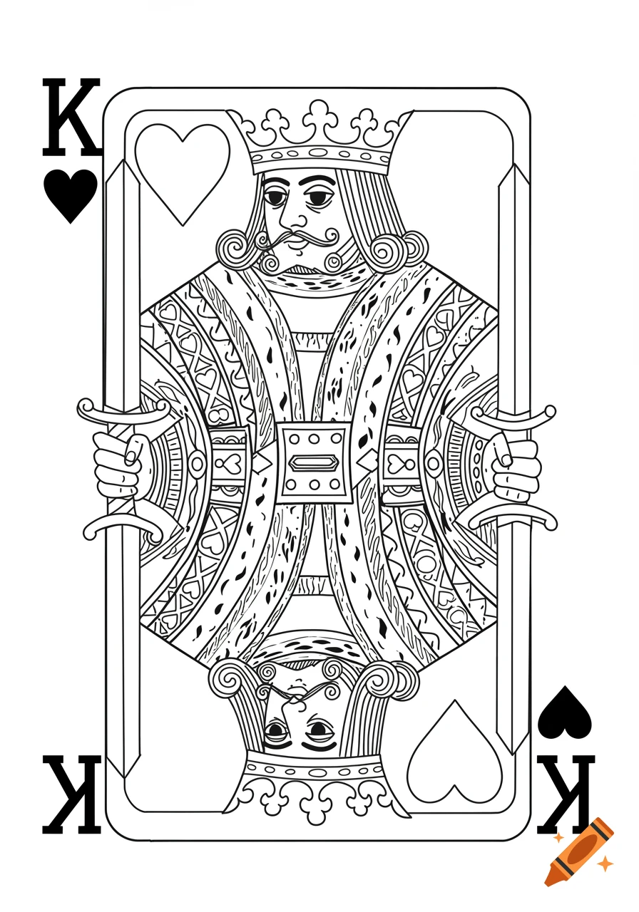 Black and white line art of a King of Hearts playing card, featuring a king with a crown and sword, in a coloring book style.