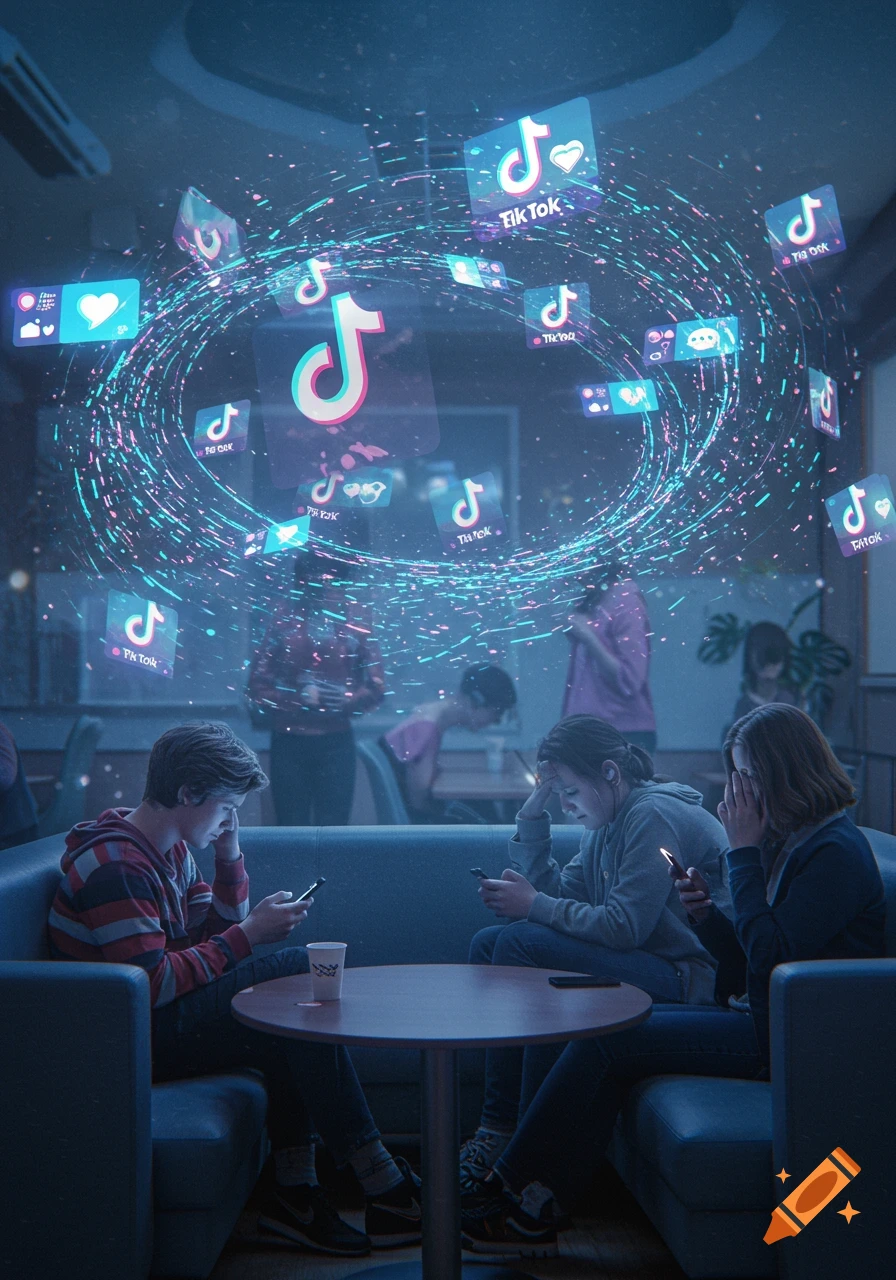 Teenagers engrossed in phones in a cafe, surrounded by glowing TikTok social media icons and digital particles.