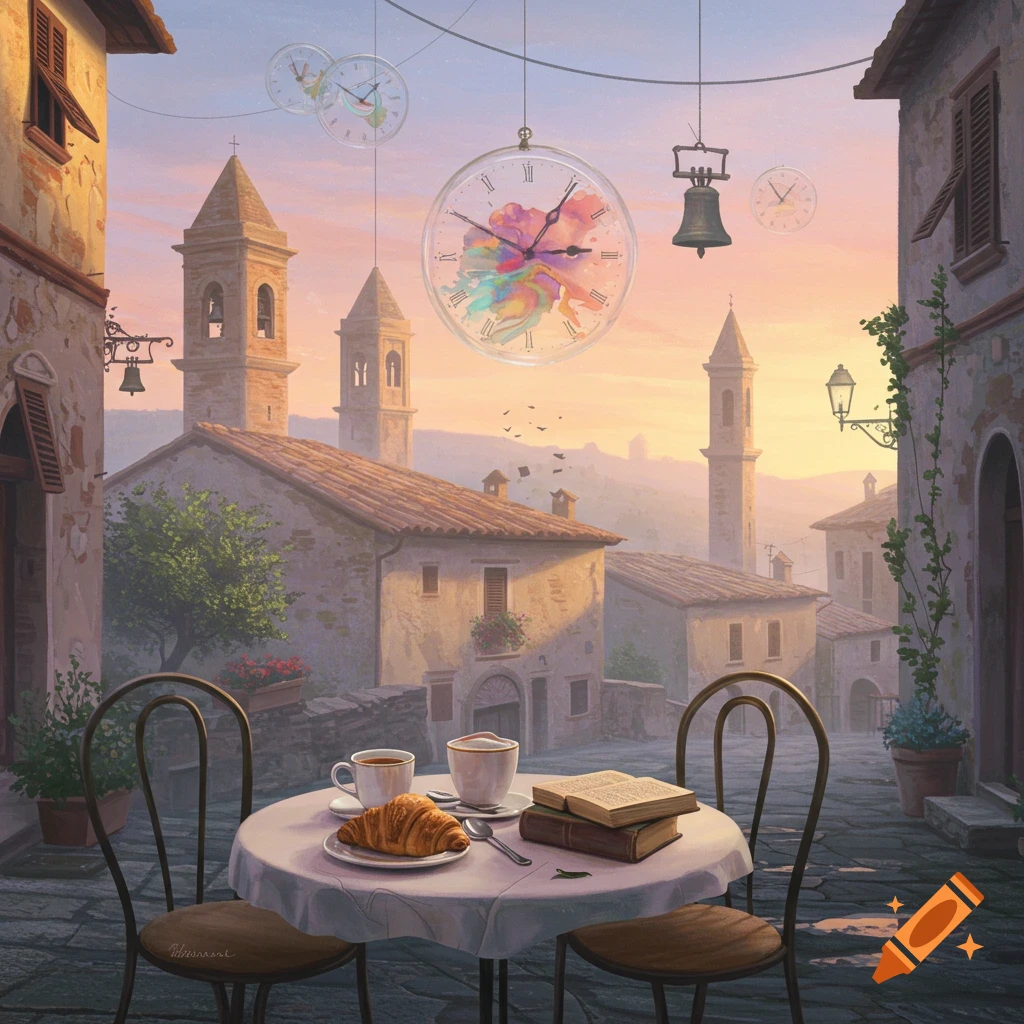 A whimsical painting of an Italian village street with a breakfast table. Floating clocks with colorful abstract art and bells hang in the sky.