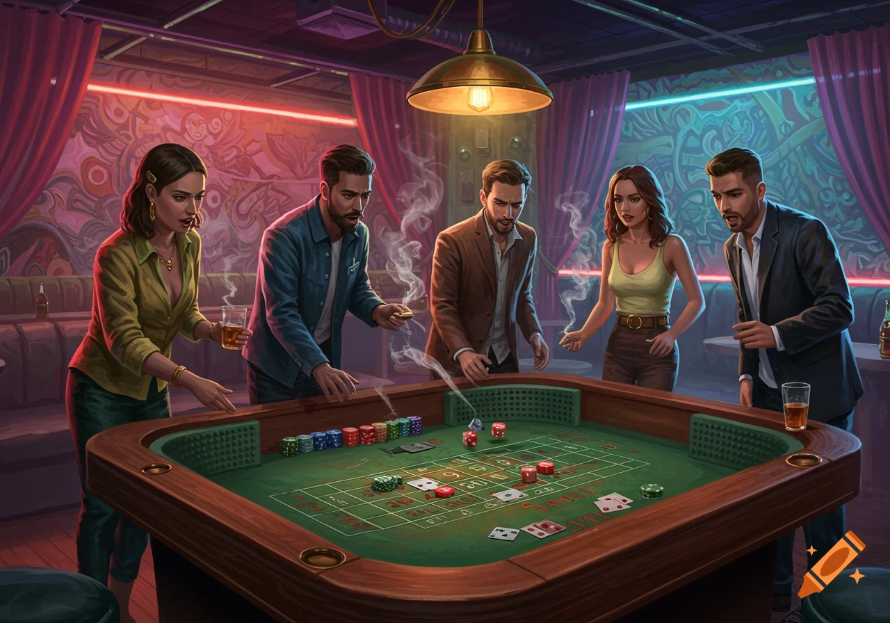 People playing craps at a casino table with green felt and scattered chips, dice, and cards under warm lighting.