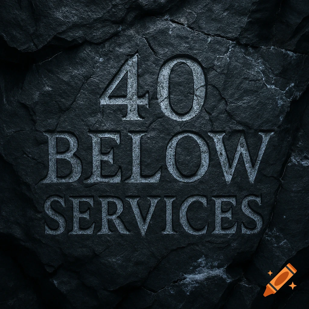 The words "40 BELOW SERVICES" carved into a dark, rugged, weathered, and cracking rock.