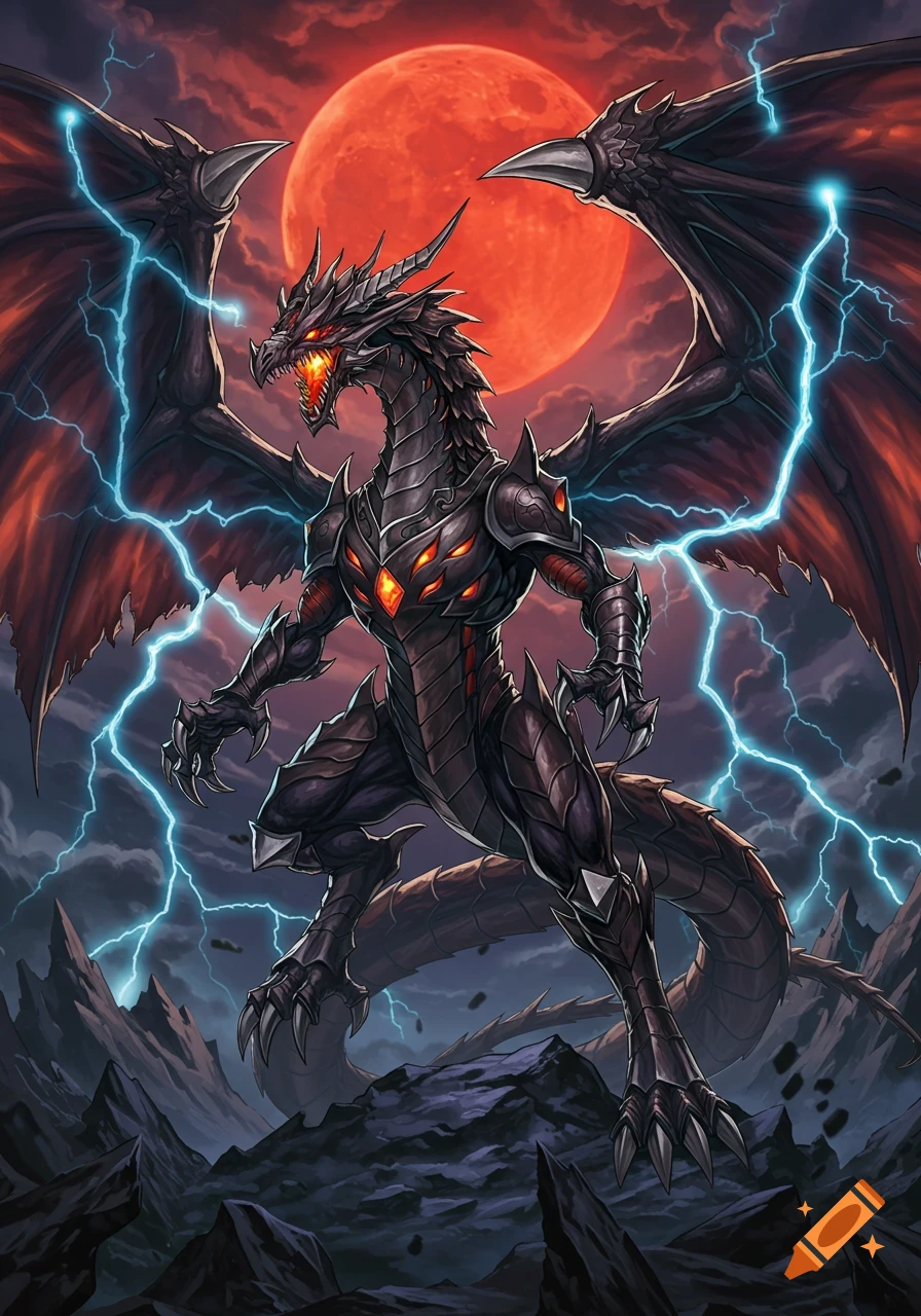A black armored dragon with glowing red eyes and chest stands under a blood-red moon, surrounded by blue lightning in a dark, rocky landscape.