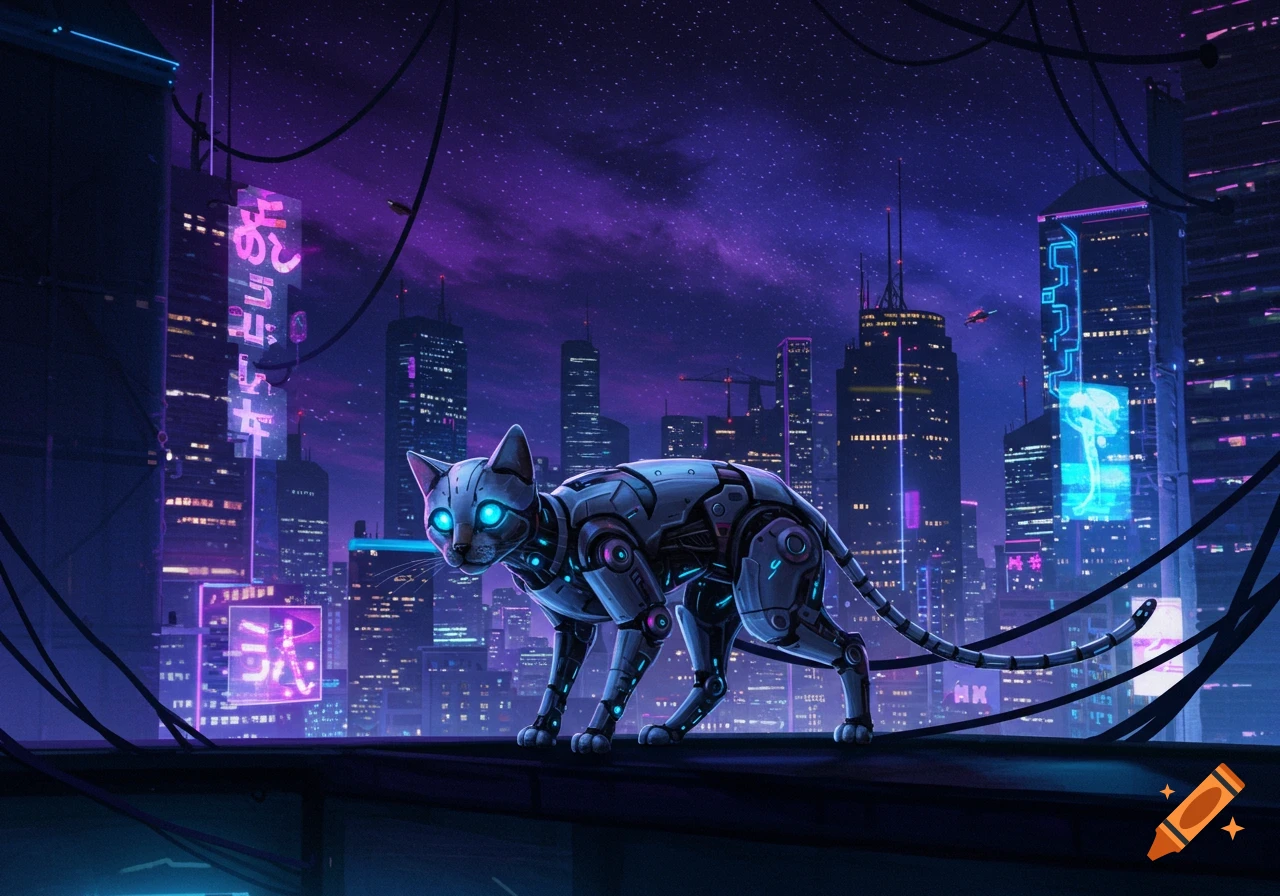 A robotic cat with glowing blue eyes stands on a rooftop overlooking a neon-lit cyberpunk city at night under a starry purple sky.
