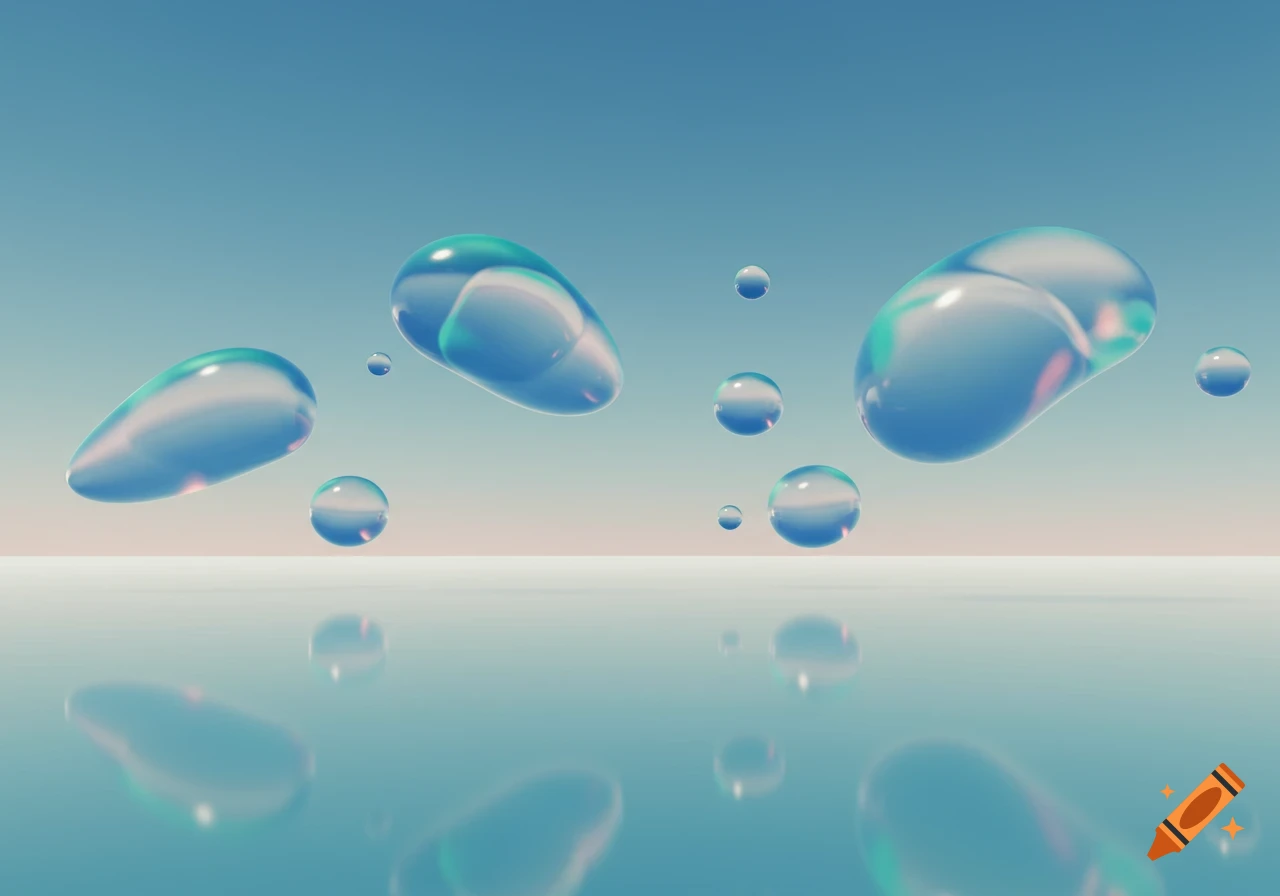 Translucent blue and green bubble-like shapes float above a reflective surface under a gradient blue and pink sky.