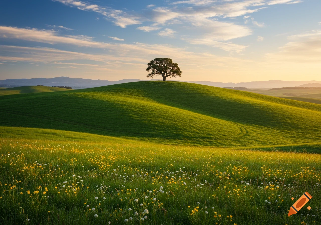 Photorealistic image of rolling green hills with a single tree on a crest under a partly cloudy sky.