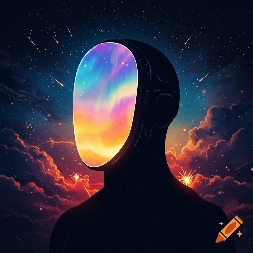 Silhouette of a head with a vibrant cosmic nebula and stars inside, set against a dark starry sky with clouds and meteors.