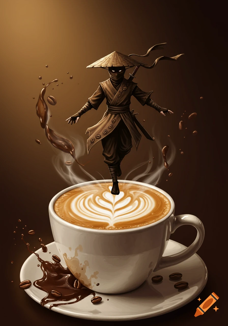 A stylized ninja in a straw hat and dark outfit balances on a cup of cappuccino with heart latte art, surrounded by splashing coffee.
