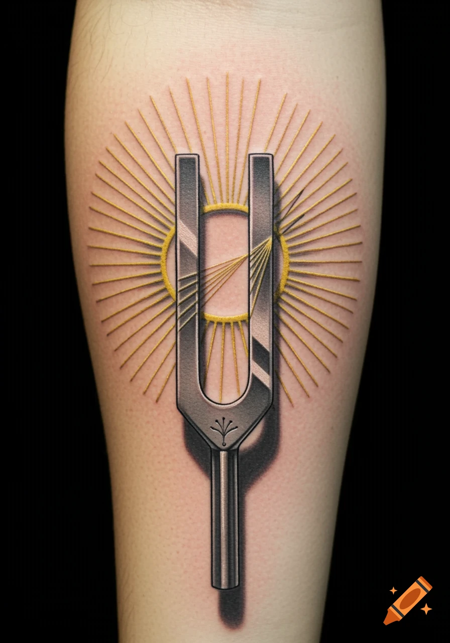 A realistic tattoo of a metal tuning fork with a sunburst pattern on a person's leg.