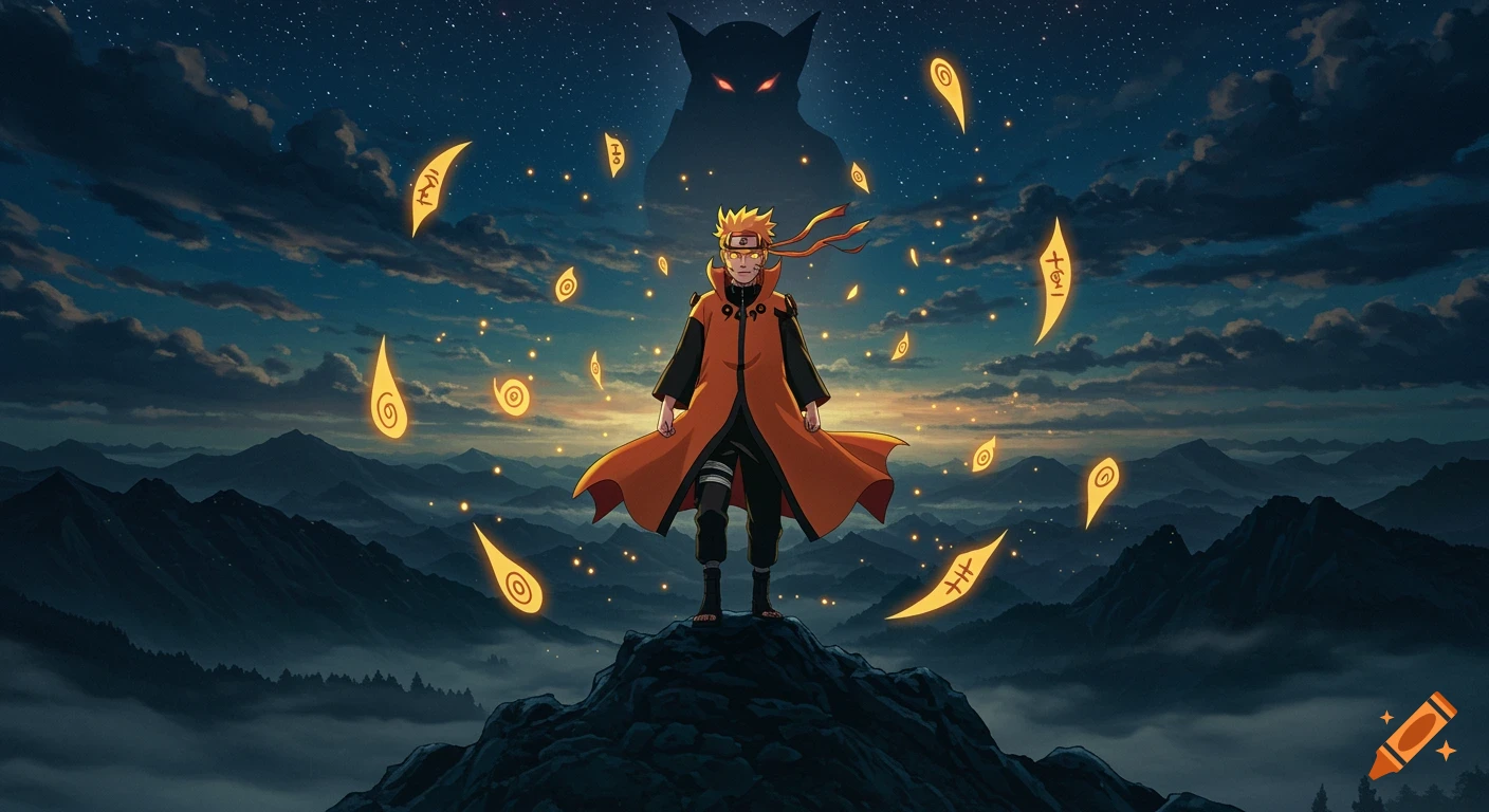 Naruto Uzumaki in Sage Mode stands atop a mountain range under a starlit night sky, surrounded by glowing symbols, with a silhouette of Kurama behind him.