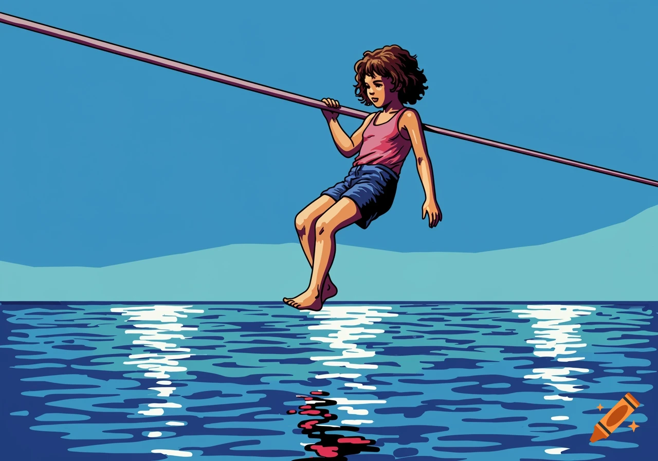 Pop art illustration of a girl with short curly hair balancing on a horizontal pole above sparkling water.