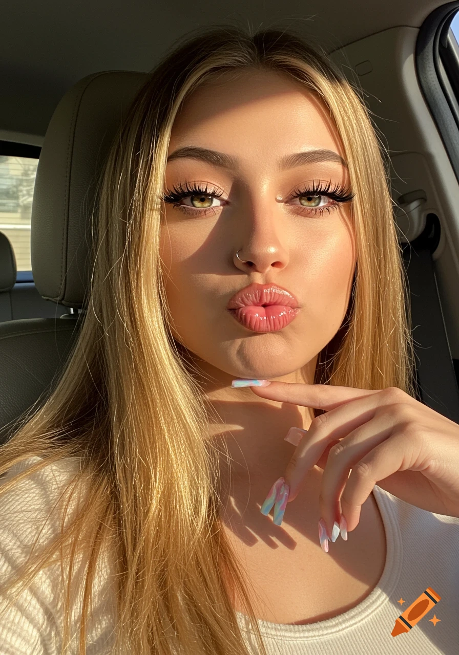 Close-up photorealistic selfie of a young woman with long blonde hair pouting in a car, showing dramatic lashes, a nose piercing, and colorful nails.