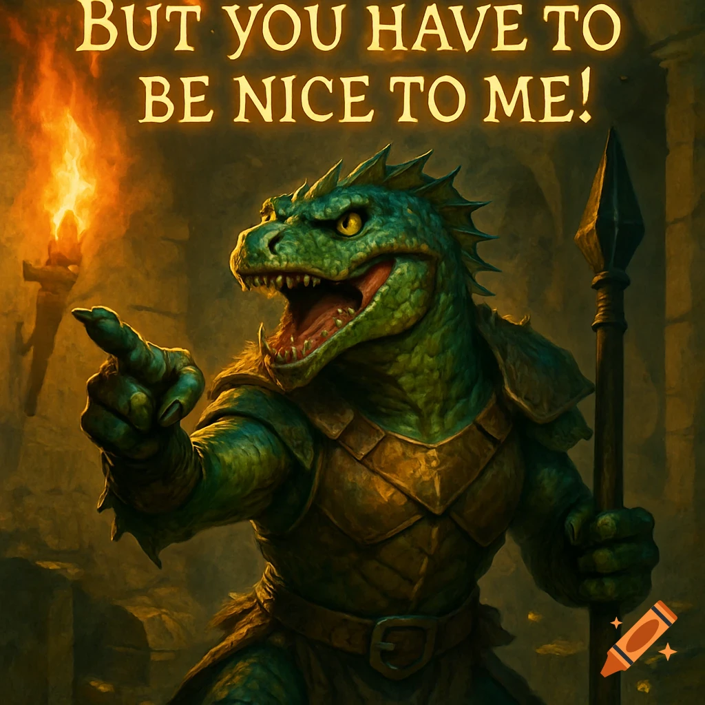 A green lizardfolk in armor points in a torchlit dungeon with text "BUT YOU HAVE TO BE NICE TO ME!" above.