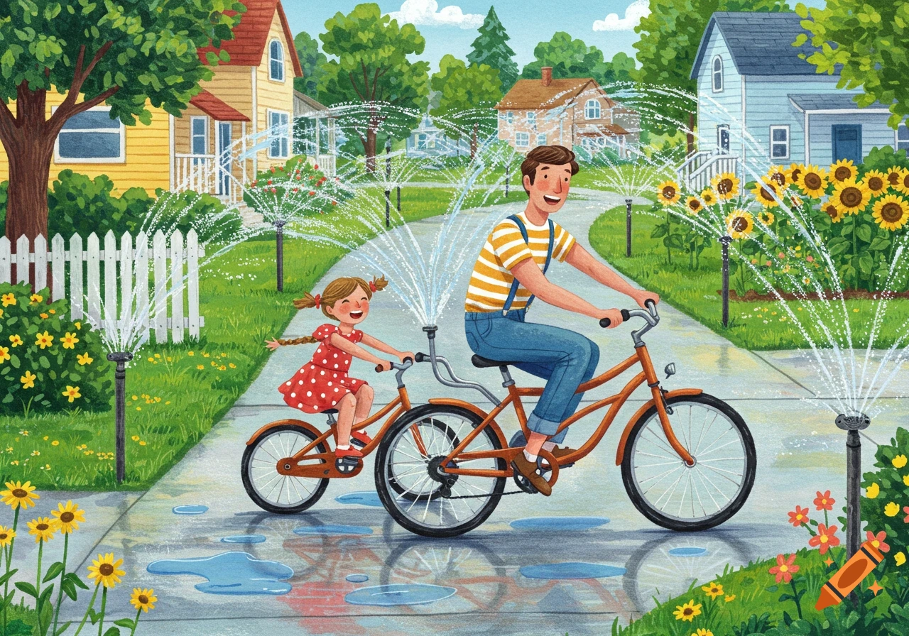 Cartoony illustration of a father and daughter riding bikes through sprinklers on a neighborhood sidewalk.