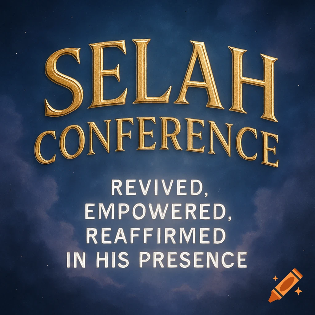 Gold 3D text 'SELAH CONFERENCE' arched on a blue sky background with white text 'REVIVED, EMPOWERED, REAFFIRMED IN HIS PRESENCE' below.