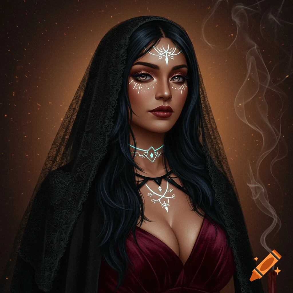 A gothic portrait of a spiritual woman with dark hair and skin, wearing a black lace veil, a red velvet dress, and white glowing face/chest markings, with wisps of smoke in the background.